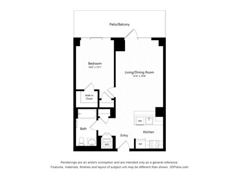 Floor plan for 1 bed, 1 bath, 594 sqft